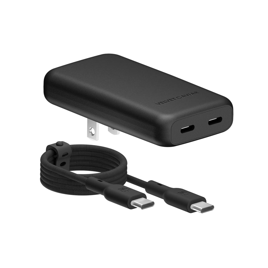 Black dual port fast charging wall adapter with 6ft USB-C cable